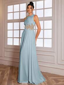 Đầm Maxi Dài Xẻ Tà Cao 3D Hoa Thanh Lịch Cho Nữ, Váy Dạ Hội, Cho Khách Dự Tiệc Cưới, Tốt Nghiệp, Váy Dự Tiệc Tối - Màu xanh nhạt - Xem 7