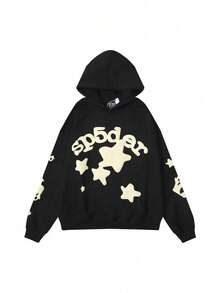 Spider Web Foam Print Hip-Hop Loose Terry Hooded Sweatshirt - nhện đen - Xem 1