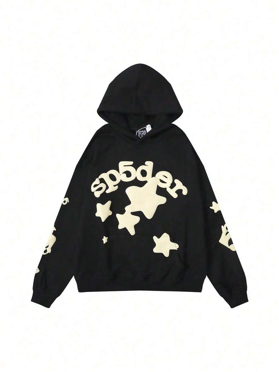 Spider Web Foam Print Hip-Hop Loose Terry Hooded Sweatshirt - nhện đen - Xem 1