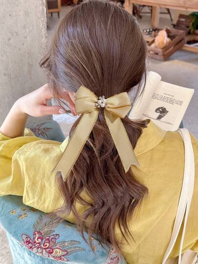 5pcs Elegant Bowknot Ribbon Hair Scrunchies, Rhinestone & Faux Pearl Ponytail Holders, Hair Accessories Gift For Women, Hair Elastics, Hair Rubber Bands, Hair Rope