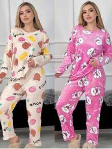 PIJAMA AFELPADA PARA DAMA CONJUNTO DE 2 PIEZAS PANTALON Y PLAYERA DE MANGA LARGA - Lila Púrpura - Ver 4