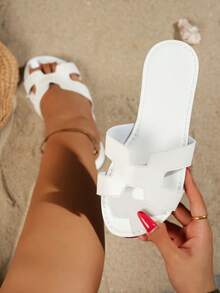 宽版仙女风格平底露趾凉鞋，2025 年夏季，华丽舒适大码女士平底凉鞋 - 白色 - 查看 2