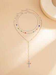 3pcs/Set Elegant Cross Rhinestone Pendant Necklace Set, Suitable For Women's Daily Wear