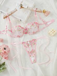 1set Women Floral Embroidery Mesh Lingerie Set, Rave - Pink - View 4