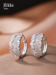 Hihho 1 Pair Shiny Sapphire Blue And White Zirconia Embedded Geometric Hoop Earrings, Fashion Elegant Personal Accessory, Suitable For Women's Daily Wear And Party/Holiday Gift - Earrings - View 19