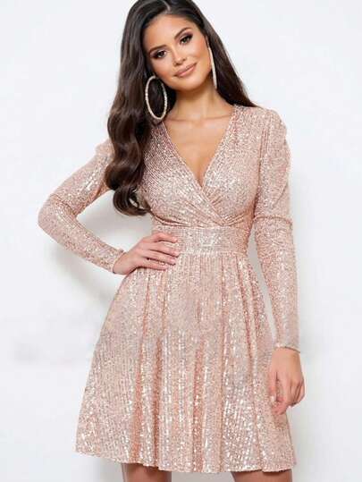 Women's Elegant & Sparkling Sequined Deep V Neck Short A-Line Dress With Long Sleeves Perfect For Parties,Nightclub