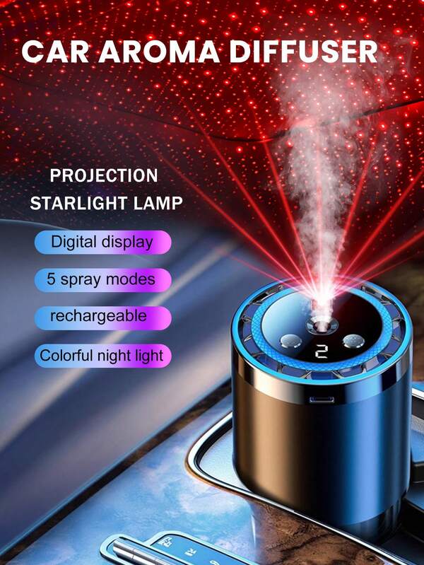 Smart Car Diffuser With Starry Sky Projection, 5 Operation Modes, Car Air Freshener, Essential Oil Diffuser, Concentration Adjustment, Auto Start/Stop, Built-In Battery, Colorful LED Ring, USB Charging, Suitable For Car, Office, Bathroom, Bedroom, Pet Room, 5 Essential Oils Included