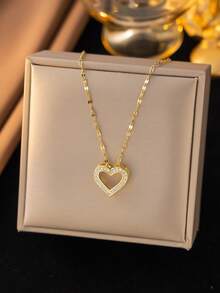 1 件不锈钢方晶锆石密镶心形吊坠项链，时尚简约，男女通用，适合休闲、日常、节日、派对穿着 - 金色 - 查看 4