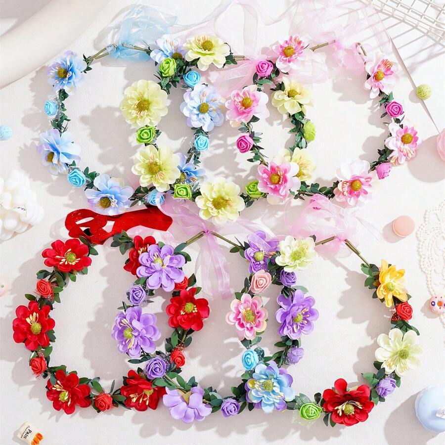 1件装女士可调节彩色花朵头饰，优雅甜美，适合新娘、伴娘、情人节佩戴，波西米亚风花朵头饰，适用于婚礼、旅行、拍照、派对、节日和送礼，可作皇冠、头饰、服装皇冠 - 彩色 - 查看 1