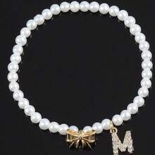 1 pieza Nuevo brazalete con colgante de lazo con letra de circonita y cuentas, para mujer - estilo 1 - Ver 5