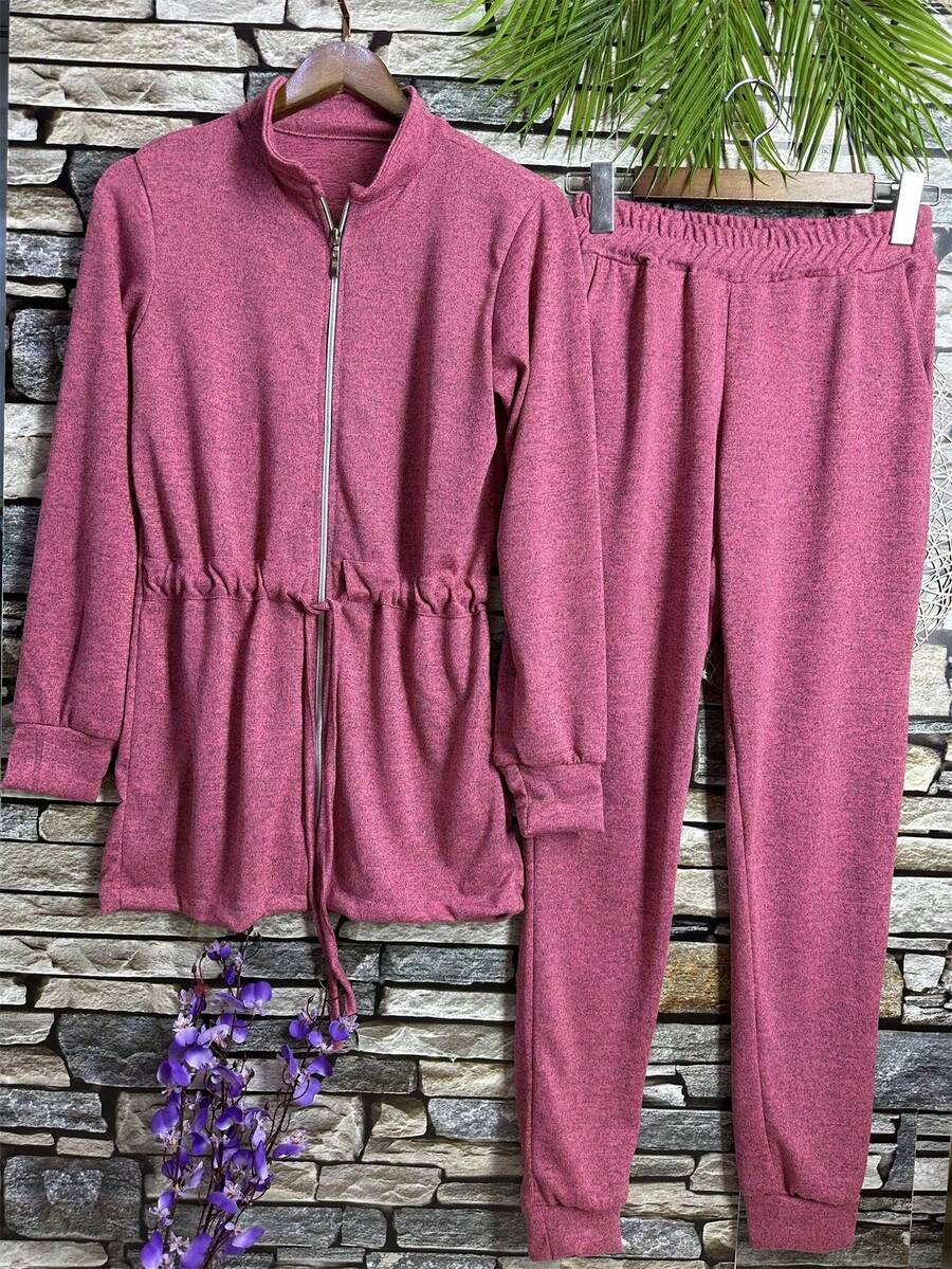 Women's Set Of Stretch Fabric Pants With Pocket - Pink - View 1