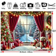 Pânză de fundal de Crăciun din Țara Minunilor de iarnă - Scenă de sat de zăpadă din fibră de poliester cu copaci, cadouri și fulgi de zăpadă, potrivită pentru petreceri de festival și recuzită foto