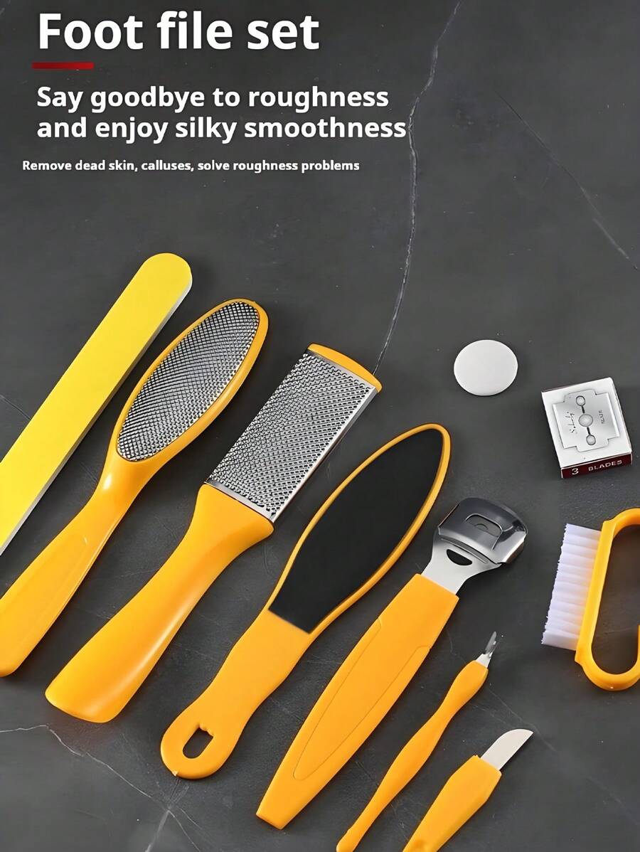 Raspador de pies 10 en 1 Eliminador de piel muerta y callosidades, Plancha de pies, Moledor de pies, Herramienta de pedicura, Juego de cuchillos exfoliantes amarillos para pedicura, Cuidado de los pies, Juego de herramientas de pedicura