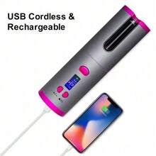 Rizador de pelo inalámbrico, rizador automático portátil recargable por USB con varilla cerámica giratoria, herramienta de peinado - Gris - Ver 5