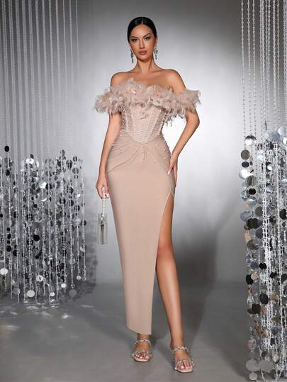奢华重磅刺绣羽毛装饰露背珍珠绷带开衩长裙，性感吊带女式晚礼服，适合正式婚礼宾客、舞会、毕业派对