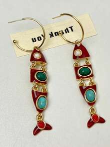 Brincos com Padrão de Peixe, Design Retrô Espanhol, Brincos Pingente com Design em Formato de Peixe e Acabamento em Esmalte, Personalizado, Luxo Leve e Temperamento Generoso