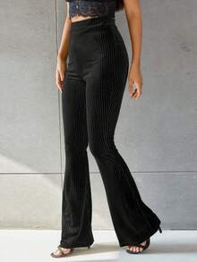 休闲罗纹设计喇叭裤，秋季新品，裤子，喇叭裤 - 黑色 - 查看 6