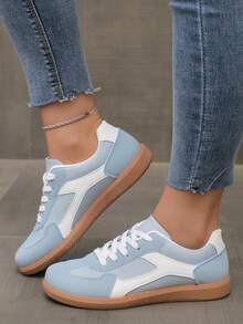 Women's Multifunctional Fashion Casual Shoes, Lightweight, Comfortable, Non-Slip Lace-Up Round Toe Rubber Sole Casual Sneakers, Sky Blue - Baby Blue - View 4