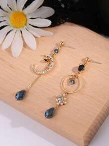 女士优雅蓝色水钻泪珠月亮流苏不对称长耳环