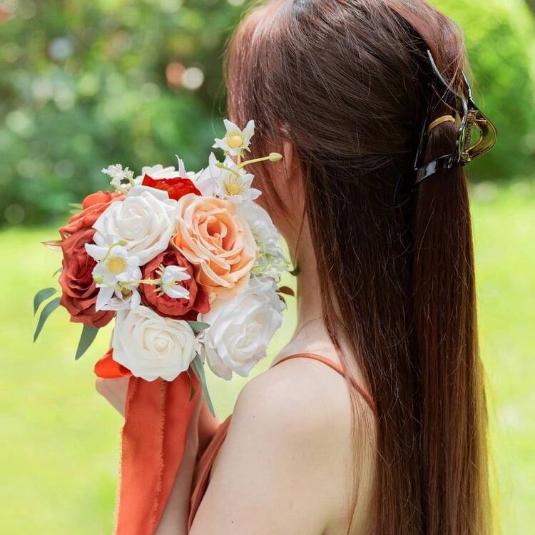 Dusty Blue Wedding Bouquets For Bride Bridesmaid, White Wedding Artificial Roses Flowers For Wedding Bouquets Ceremony, Anniversary - Burnt Orange - View 5