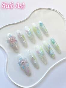 10 片手工按压指甲、假指甲、夏季指甲、美容美甲、长椭圆形按压指甲、适合女士和女孩日常或假日佩戴、高端优质美甲用品 - 彩色 - 查看 3