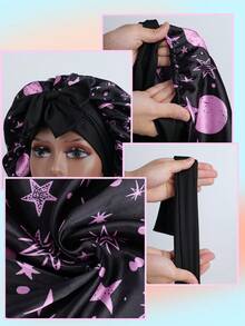 1顶缎面蝴蝶结睡帽，纯色弹力带，轻盈透气，适合女性和女孩，黑色 - 星星月亮紫色 - 查看 6
