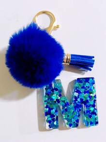 1 pieza Llavero con inicial de alfabeto, llavero de pompón de peluche lindo, accesorio colgante para bolso, mochila, coche, mujer y niña. Llavero de resina con lentejuelas, accesorios para billetera y bolso, llavero con borlas, inicial de alfabeto de la A a la Y, accesorios para coche, ideas de regalo de Navidad gótico y Y2K