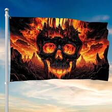 1pc 3x5 Ft Halloween Banner Flag - Burning Skull With Glowing Eyes, Indoor/Outdoor Spooky Decor, Gothic Style For Haunted House Party - Durable Polyester Flame Banner, No Power Needed, Easy Hanging Hooks, Terrifying Design, Sturdy Construction, Party Prop, Halloween Decoration