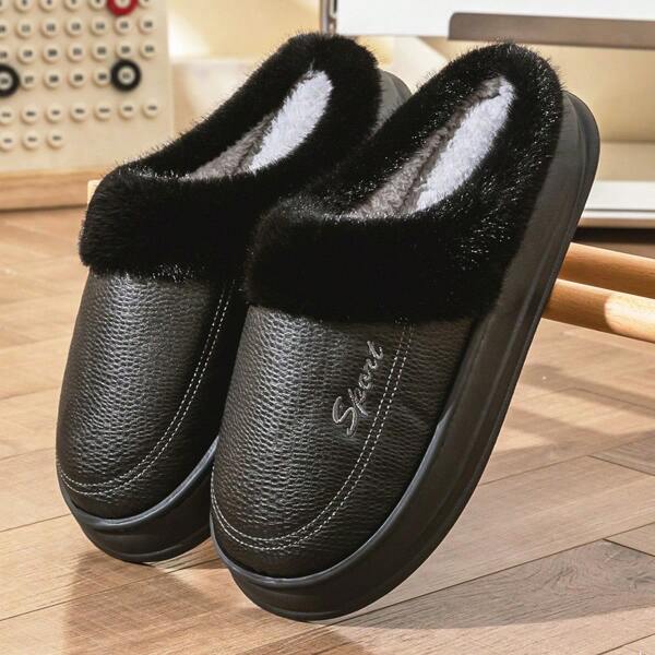 Winter Men House Slippers Fur PU Leather Warm Comfort Bedroom Shoes Memory Foam Platform Slip-On Male Slipper Black