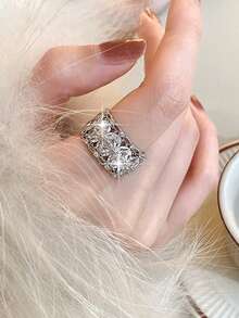 1枚梦幻花朵锆石订婚戒指，镀银宽戒圈，适合女性日常佩戴，可打开，珠宝礼品 - 銀色 - 查看 2