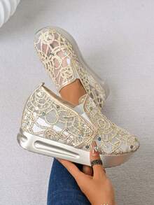 Slimming Lace Mesh Breathable Lightweight Sneakers With Glitter Wedge Heel, For Spring/Summer - Gold - View 6