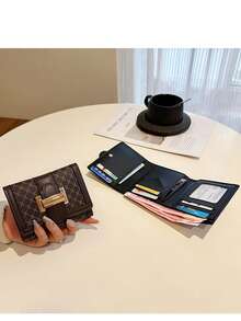 Ví gập 3 ngăn dành cho nữ, ví ngắn màu nâu họa tiết hình học cổ điển, ví đựng nhiều thẻ, ví đựng thẻ ngân hàng, ví đựng thẻ xe buýt, ví ngắn cổ điển dành cho nữ, ví mini, ví nhỏ, ví dễ thương - màu nâu - Xem 4