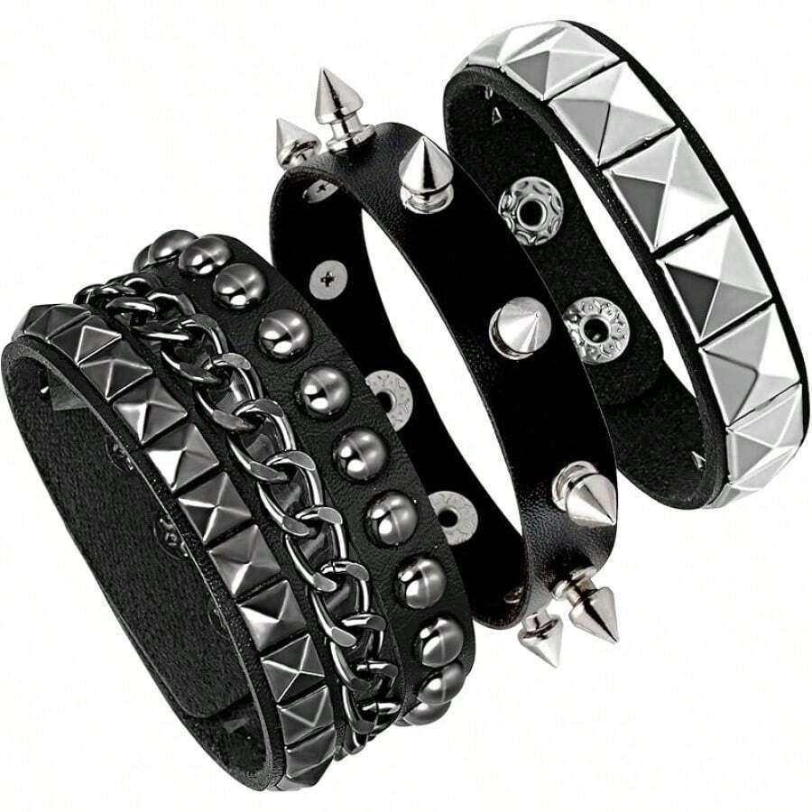 Eigso 3 Pcs Leather Punk Bracelets Men Women Of Rock Rivet Wrap Retro Spike Bracelet Adjustable - Black-2 - View 1