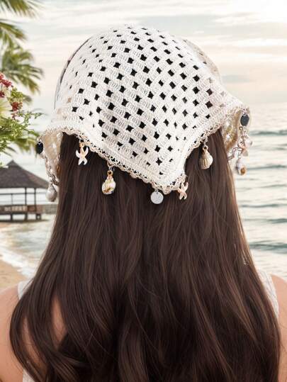 1 pieza Pañuelo de mujer con estampado floral beige, océano, libélula y concha marina, diadema de punto hueca con borlas, accesorio de cabello estilo bohemio apto para uso diario, deportes, vacaciones en la playa, accesorios de otoño, diadema de Halloween, diadema de otoño e invierno, elegante bufanda