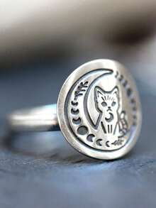 1 قطعة خاتم بتصميم قطة القمر المطلي بالفضة ذو طابع غامض وأنيق، مناسب للجنسين، مناسب كهدية للعائلة/الأصدقاء/الشريك