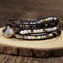Braccialetto bohémien da donna, fatto a mano e unico nel suo genere, a 3 giri, con pietre naturali pregiate, perle di labradorite scintillanti, stile regolabile - perfetto per l'uso quotidiano, come regalo, accessorio per tutte le stagioni
