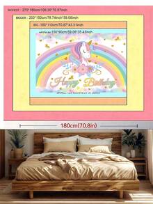 1pc Rainbow Unicorn Birthday Polyester Banner 100x150cm | Waterproof Background Cloth For Unicorn Theme Party Decor | Indoor Outdoor Fence Hanging Fabric | Wall Decor Cake Table Backdrop - Pink - View 5