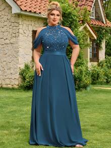 Plus Halter Neck Sequin Floral Lace Cutout Shoulder Cape Sleeve Contrast Chiffon Pleated Hem Formal Party Dress Prom Wedding Guest Gown, For Graduation, Dinner - Màu xanh bụi bặm - Xem 6
