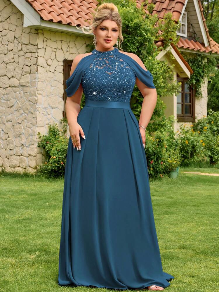 Plus Halter Neck Sequin Floral Lace Cutout Shoulder Cape Sleeve Contrast Chiffon Pleated Hem Formal Party Dress Prom Wedding Guest Gown, For Graduation, Dinner, Birthday - Dusty Blue - View 6