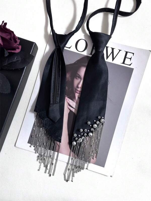 Black Personalized Knotless Tassel Tie, Elegant Pearl Decor Tie For Women To Pair With Shirts