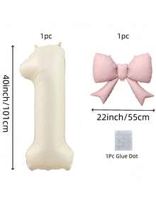 2个40英寸特大号米白色数字铝箔气球，带粉色蝴蝶结，适合生日派对装饰、周年庆典等场合。 - 奶油白 - 查看 3