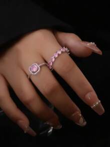 2pcs Elegant Geometric Square Pink Heart Sparkling Cubic Zirconia Unique Elegant Party, Holiday, Wedding Wear Open Copper Ring Set For Women
