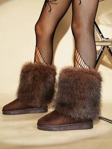 Damen Schneestiefel Y2K einfarbig 2025 Neu Herbst/Winter rutschfest Große Größen Schlüpfen Flauschig Flauschig Stiefel Dick warm Mode einfach sexy schlank Flauschig Schuhe elegant Flauschig Patchwork Party Dunkelbraun