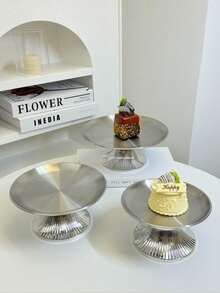 1pc Stainless Steel Cake Stand With Elegant Base, Dessert Display Plate, Multi-Function Fruit Tray, Suitable For Dining Table Decor, Home And Kitchen Serving Platter, Ramadan Use - Silver - View 1