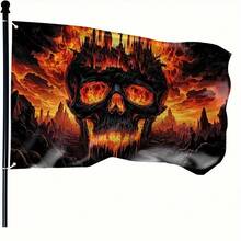 1pc 3x5 Ft Halloween Banner Flag - Burning Skull With Glowing Eyes, Indoor/Outdoor Spooky Decor, Gothic Style For Haunted House Party - Durable Polyester Flame Banner, No Power Needed, Easy Hanging Hooks, Terrifying Design, Sturdy Construction, Party Prop, Halloween Decoration