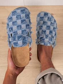 Herren & Teenager Unisex Lässig einfarbige bequeme Denim Slip-On Pantoffeln, Patchwork Farbblock Karomuster, geeignet für alle Jahreszeiten, Innen- & Außenbereich, Große Größen