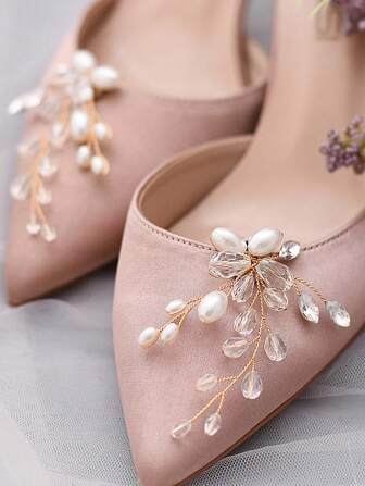 1 Pair (2pcs) Handmade Crystal & Pearl Bridal Shoe Clips, Removable Simple Design Wedding Shoe Accessories