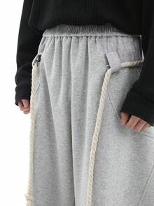 男士时尚绳结细节弯腰阔腿裤，男士长裤，男士休闲裤，美式街头风宽松筒状长裤，宽松弯腰裤，男士长裤，男士阔腿裤，万圣节礼物，圣诞节礼物，送男友的礼物，男友礼物，浅灰色长裤，秋季 - 淺灰色 - 查看 3