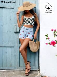 Mobula Sound Women's Casual Cherry Embroidery Design Fresh Pattern Music Festival Student Summer Denim Roll Up Hem Shorts - Blue - View 2