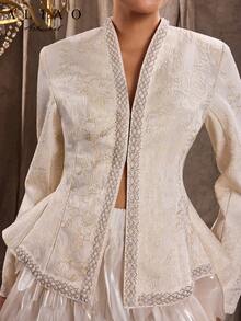 A&A 精致串珠蕾丝拼布提花收腰 V 领开衩下摆西装外套、舞会套装、优雅日常穿着和商务休闲夹克、婚礼宾客礼服、复古风格、端庄、婚礼季、情人节装扮、秋冬、白色派对活动、老派风格、宫廷风格 - 杏色 - 查看 3